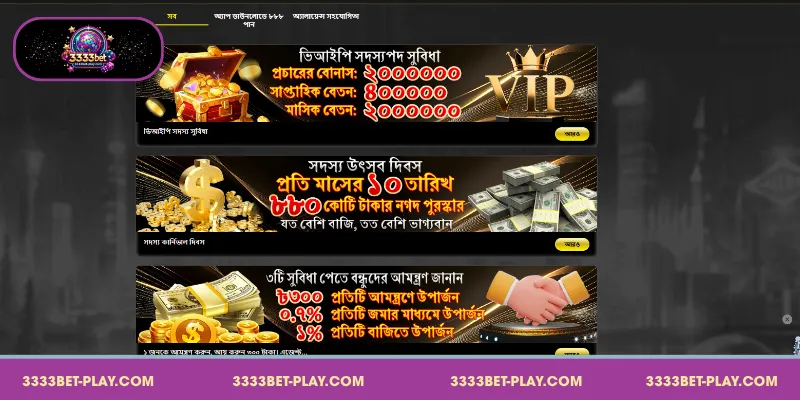 3333bet bonus offers সহ ৩৩৩৩বেট-এর বিভিন্ন প্রোমো ও অফারের বিবরণ